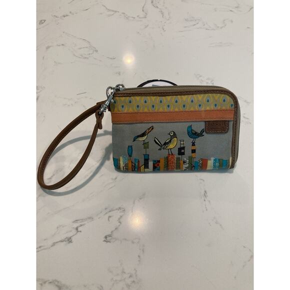 Fossil Leather Canvas City Bird Print Fossil Key-Per Wristlet 6” Boho Y2K - Picture 1 of 5
